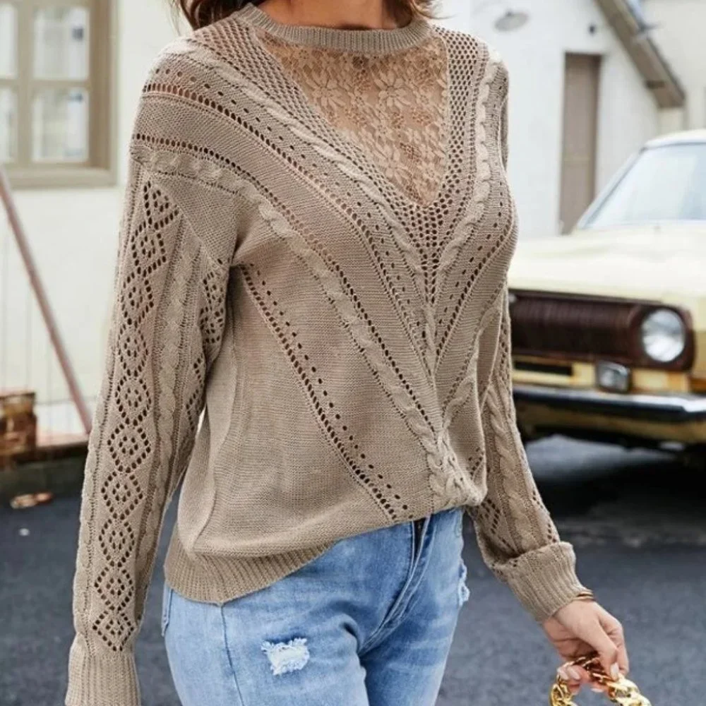 Tan Lace Detailed Long sleeve Knit Sweater Top - Picture 2 of 4
